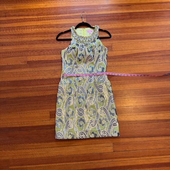 Lilly Pulitzer Chartreuse Fancy Occassion Mini Dress w/Beads and Sparkly Thread - Picture 5 of 12